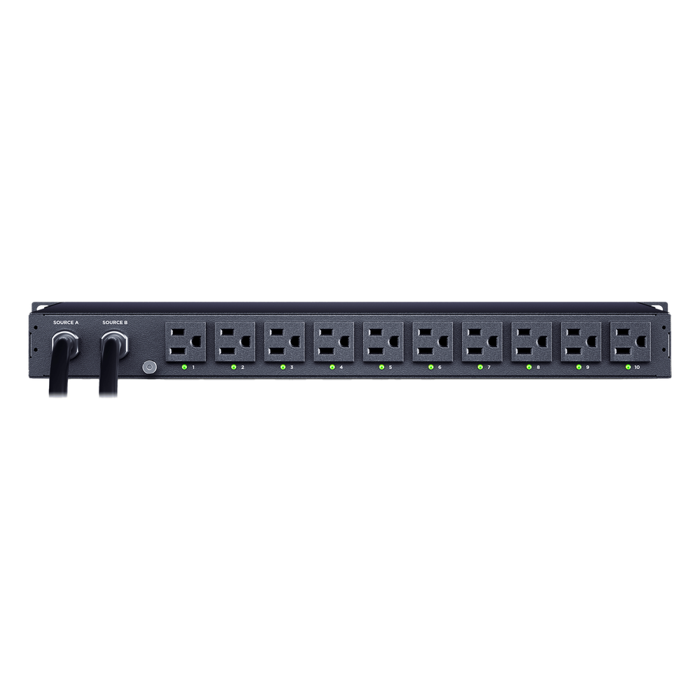 PDU ATS (Fuente Redundante Auto-transferible) Monitoreable, Para Distribución de Energía, 2 Entradas 120 Vca NEMA5-15P, Con 10 Salidas NEMA 5-15R, Horizontal 19in, 1UR