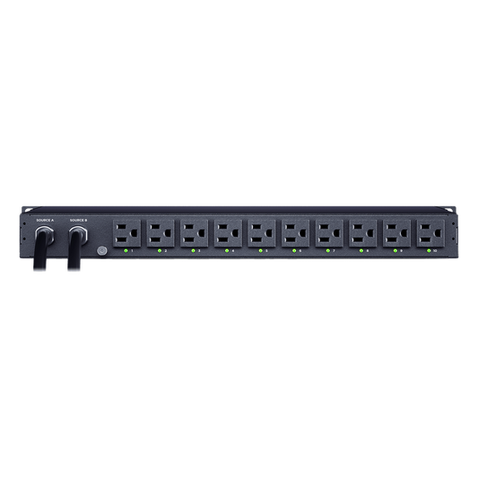 PDU ATS (Fuente Redundante Auto-transferible) Monitoreable, Para Distribución de Energía, 2 Entradas 120 Vca NEMA5-15P, Con 10 Salidas NEMA 5-15R, Horizontal 19in, 1UR