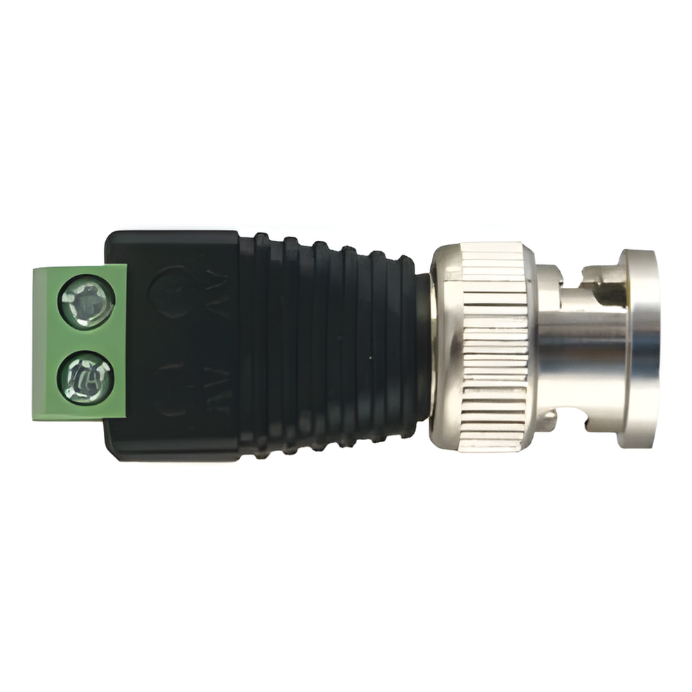 Adaptador de conector BNC macho a 2 terminales-tornillo para cables AWG-26-14, en aplicaciones Video Vigilancia, Níquel/ Oro/  PTFE y PVC.