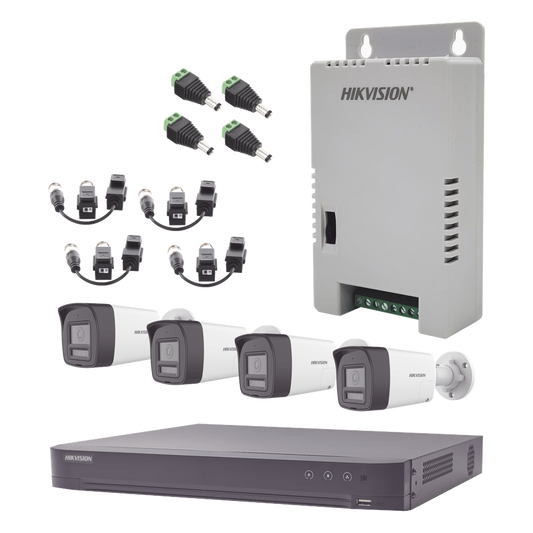 Kit Audio Bidireccional TurboHD 3K Real / DVR 4 Canales 4K / 4 Cámaras Bala (Exterior) con Bocina y Microfóno Integrado 3K / 1 Fuentes de Poder / Accesorios