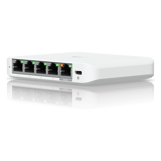 USW Flex Mini 2.5G Switch de 5 puertos 2.5G, Compacto, para Escritorio, se puede Energizar por PoE o con un Adaptador tipo USB-C