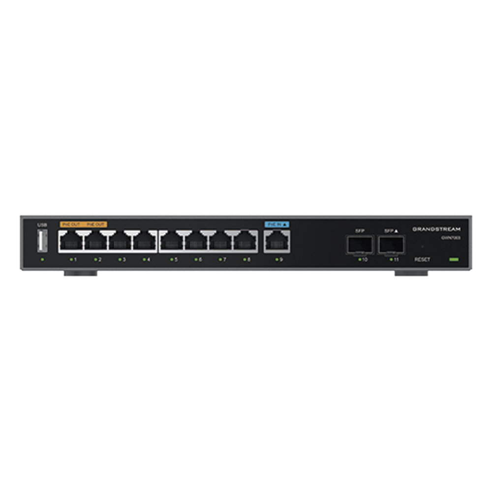 Router Gigabit VPN / Balanceador de cargas / 60,000 sesiones NAT /  9 puertos 10/100/1000 Mbps + 2 puertos SFP (WAN/LAN) / 1 puerto entrada PoE(af/at) / 2 puertos salida PoE (af/at) / Compatible con GWN Cloud.
