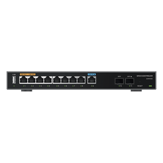 Router Gigabit VPN / Balanceador de cargas / 60,000 sesiones NAT /  9 puertos 10/100/1000 Mbps + 2 puertos SFP (WAN/LAN) / 1 puerto entrada PoE(af/at) / 2 puertos salida PoE (af/at) / Compatible con GWN Cloud.