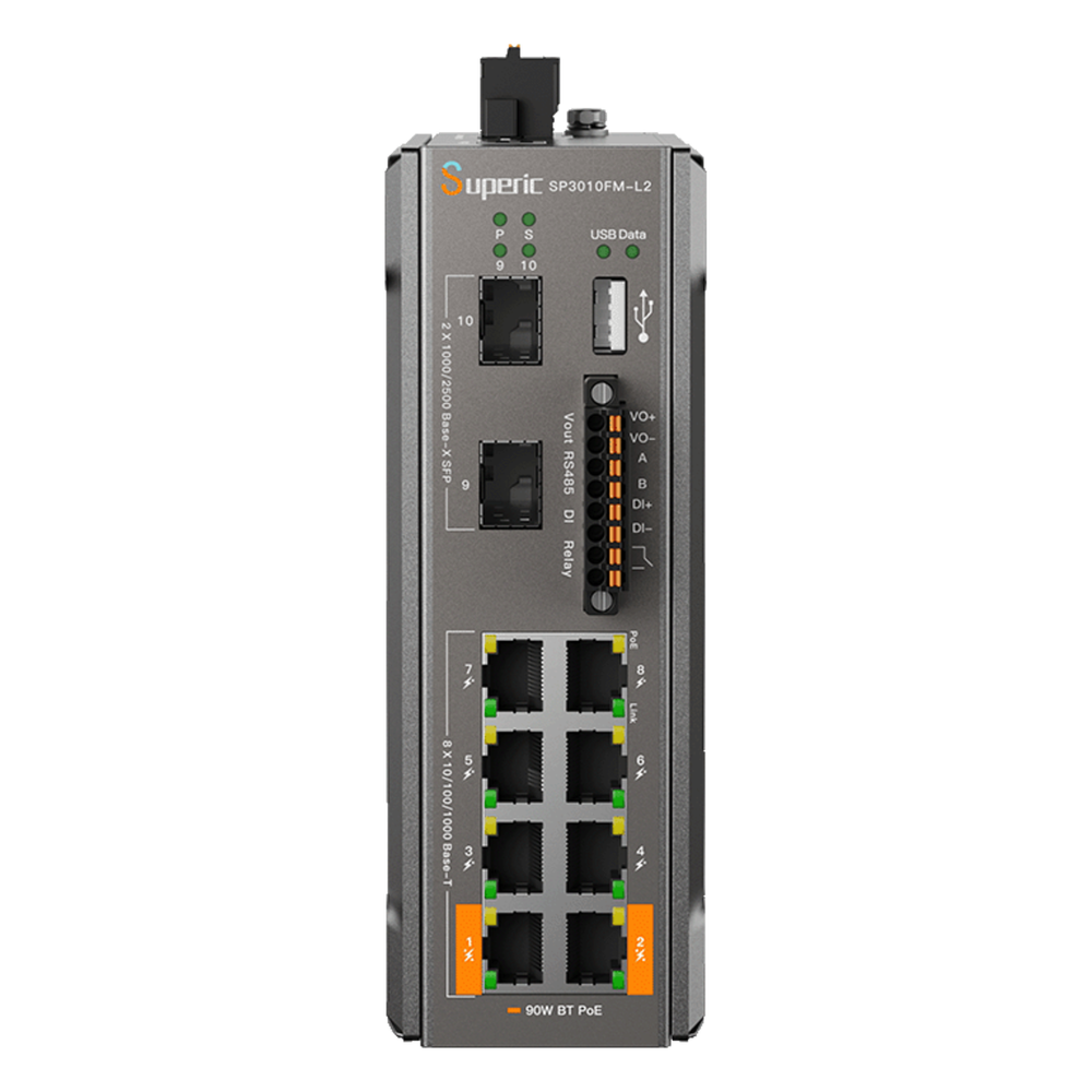 Switch de Red SP3010FM-L2 (V3) / 8 Puertos 10/100/1000Mbps PoE / 2 Puertos SFP 1000M/2.5Gbps / 240W PoE Budget / 26Gbps Capacidad de Conmutación / 19.3Mpps Tasa de Reenvío / DIN-Rail, Pared, Escritorio / -40℃~75℃ / CE, FCC, RoHS, UKCA, RCM