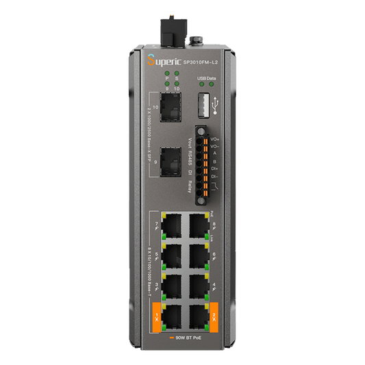 Switch de Red SP3010FM-L2 (V3) / 8 Puertos 10/100/1000Mbps PoE / 2 Puertos SFP 1000M/2.5Gbps / 240W PoE Budget / 26Gbps Capacidad de Conmutación / 19.3Mpps Tasa de Reenvío / DIN-Rail, Pared, Escritorio / -40℃~75℃ / CE, FCC, RoHS, UKCA, RCM