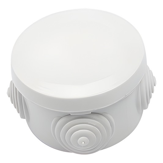 Caja Derivación-Conexión de Plástico Circular con 4 Glándulas de Goma (70 diámetro X 48 alto mm). Para Instalaciones Comerciales,  Residenciales e Industriales. Cerrado a Presión.