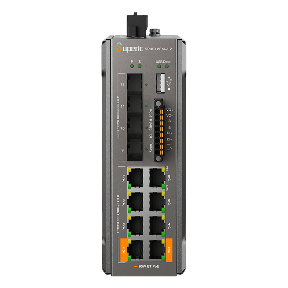 Switch de Red SP3012FM-L2(V3) / 8 Puertos 10/100/1000Mbps PoE / 4 Puertos SFP 1000M/2.5Gbps / Capacidad de Conmutación 36Gbps / Presupuesto PoE 240W / Alimentación Dual DC / Instalación DIN-rail, Pared o Escritorio / Certificaciones CE, FCC, RoHS, UKCA