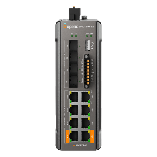 Switch de Red SP3012FM-L2(V3) / 8 Puertos 10/100/1000Mbps PoE / 4 Puertos SFP 1000M/2.5Gbps / Capacidad de Conmutación 36Gbps / Presupuesto PoE 240W / Alimentación Dual DC / Instalación DIN-rail, Pared o Escritorio / Certificaciones CE, FCC, RoHS, UKCA