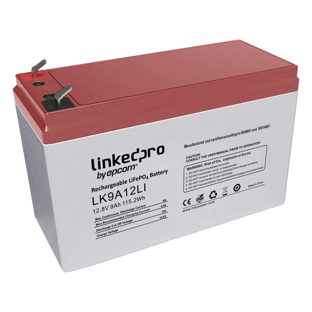Batería de Litio 12.8 Vcc / 9 Ah / Tecnología LiFePO4 /2000 Ciclos de Vida/ Para uso en equipo electrónico, UPS (litio) / Incendio/ Control de acceso / Video Vigilancia / Terminales F1 ( Incluye adaptador para terminal F2 )