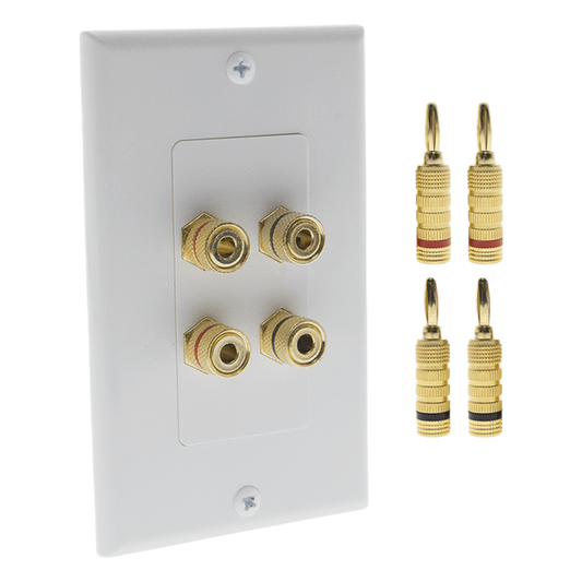 KIT 1 Placa de Pared + 2 Pares Conectores Banana (Rojo+Negro) | Postes de Unión Tipo Banana | Conexión para 2 Altavoces | Fácil Instalación | Conectores Chapados en Oro