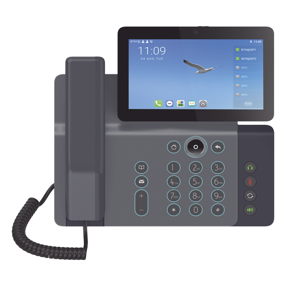 Videoteléfono IP inteligente Insignia, Android 9.0, 20 líneas SIP, pantalla a color 7" ajustable, Teclado de iluminación configurable, PoE, conferencia local de 10 vías.
