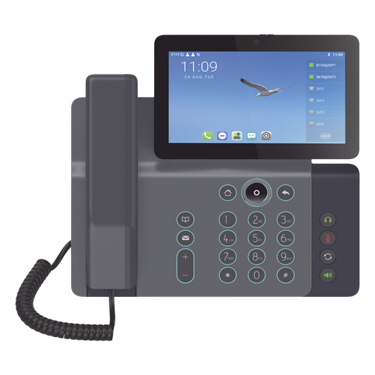 Videoteléfono IP inteligente Insignia, Android 9.0, 20 líneas SIP, pantalla a color 7" ajustable, Teclado de iluminación configurable, PoE, conferencia local de 10 vías.