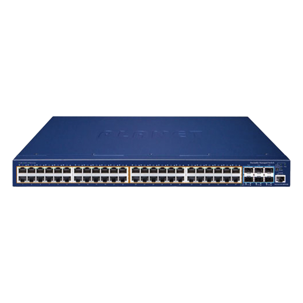 Switch Administrable Stacking Capa 3, 48 Puertos PoE Gigabit 802.3at, 6 Puertos SFP de 10 G, Entrada de Alimentación Redundante de 55 V cc.