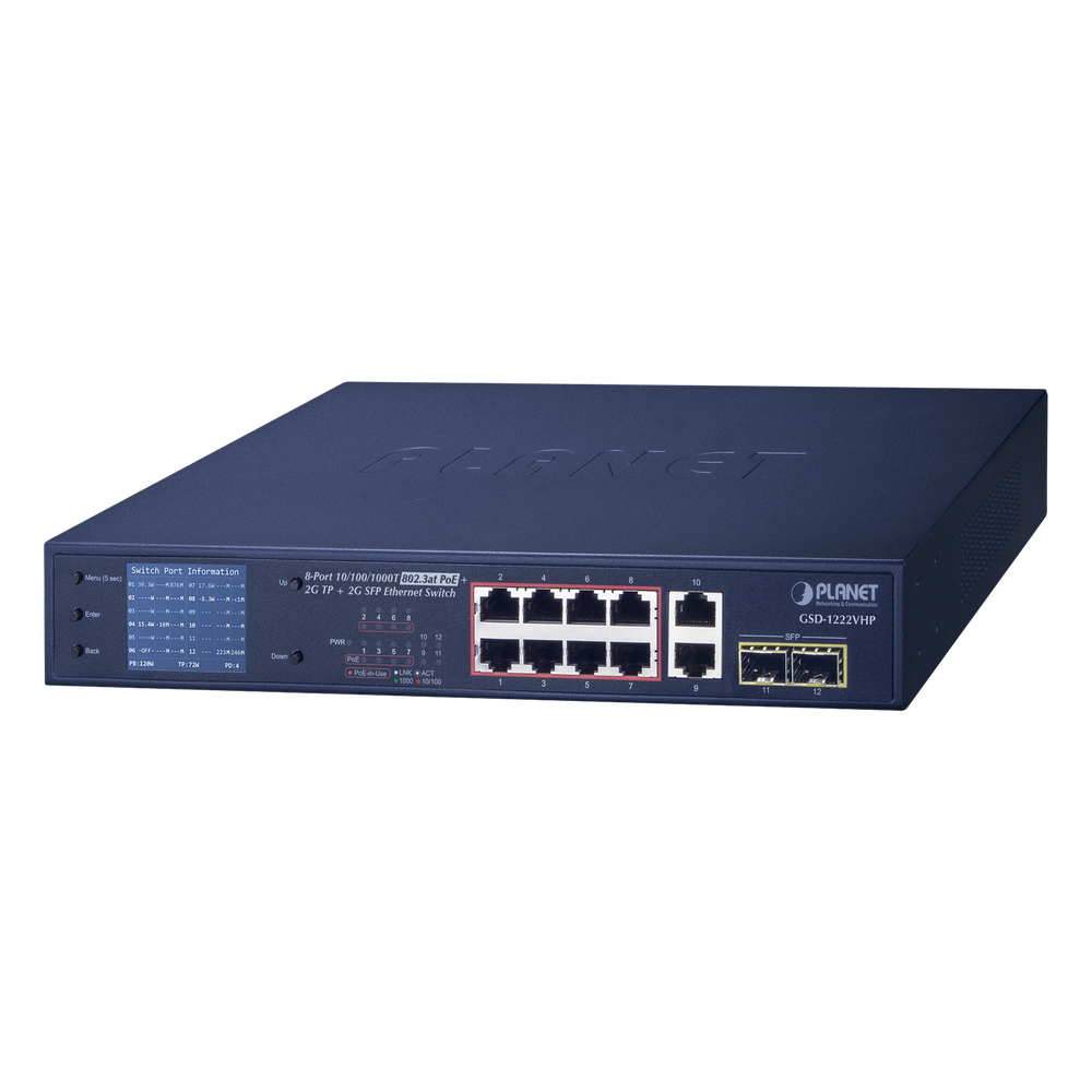 Switch No Administrable 8 Puertos Gigabit con Modo Extender a 250 m,  2 Puertos Uplink 10/100/1000 Mbps, 2 Puertos SFP