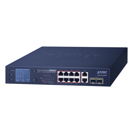 Switch No Administrable 8 Puertos Gigabit con Modo Extender a 250 m,  2 Puertos Uplink 10/100/1000 Mbps, 2 Puertos SFP