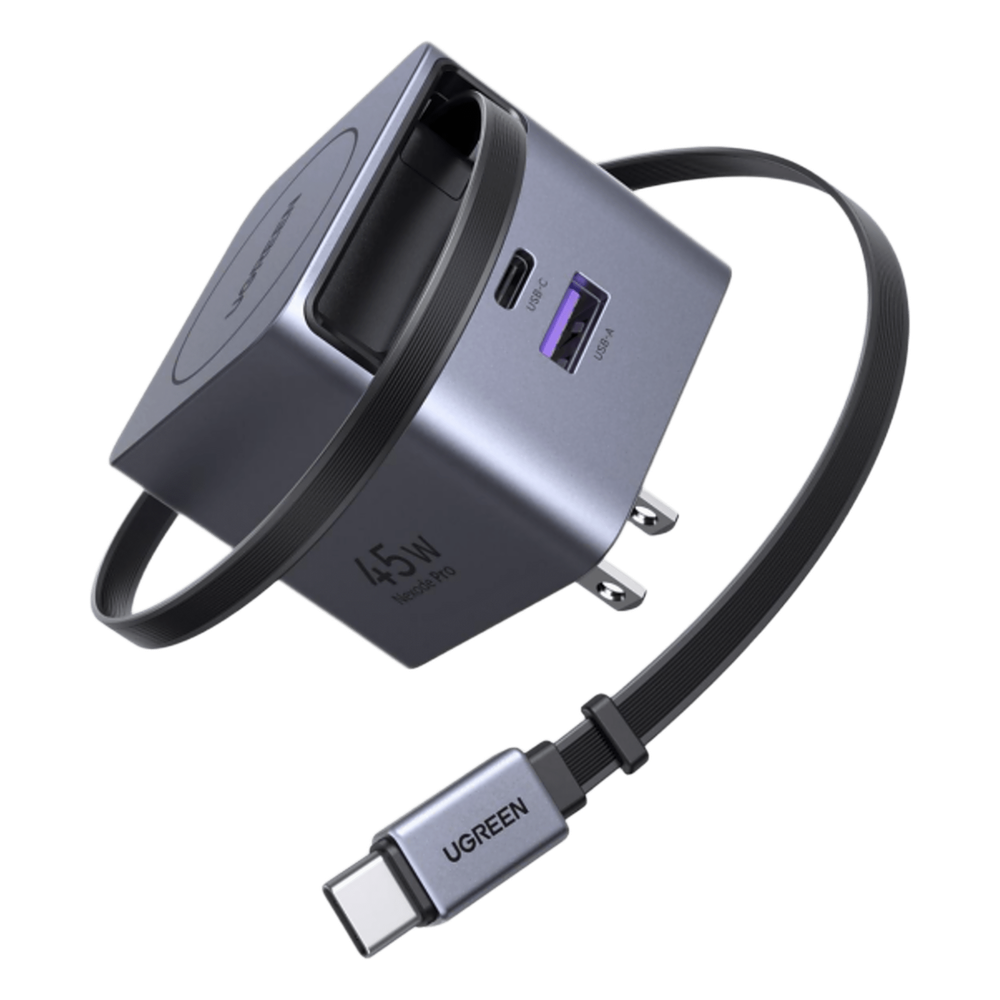 Cargador Rápido UGREEN 45W GaN / Cable Retráctil 0.7m / 3 Puertos USB-C + USB-A / Tecnología GaNInfinity 95% Eficiencia / 8 Capas Protección / Carga Simultánea 3 Dispositivos / Compacto para Viajes