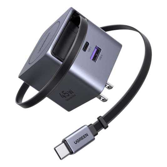 Cargador Rápido UGREEN 45W GaN / Cable Retráctil 0.7m / 3 Puertos USB-C + USB-A / Tecnología GaNInfinity 95% Eficiencia / 8 Capas Protección / Carga Simultánea 3 Dispositivos / Compacto para Viajes