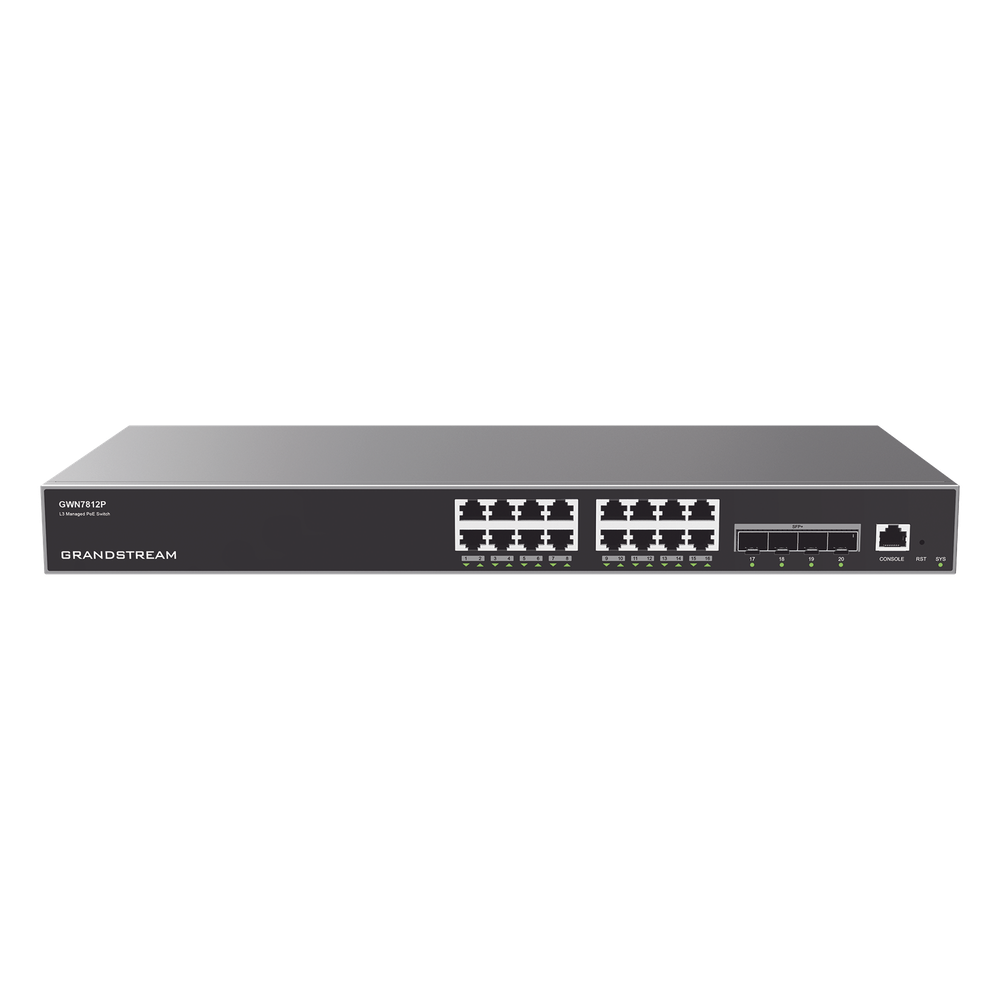 Switch Capa 3 PoE+ Administrable / 16 puertos 10/100/1000 Mbps + 4 Puertos SFP+ de 10 Gigabits / Hasta 240W / Compatible con GWN Cloud.