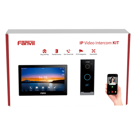 Kit Videoportero IP / Estación Interior i504W + Frente de Calle i60 / Pantalla Táctil 7" HD / Videollamadas H.264/H.265 / Wi-Fi Dual Band / PoE / App Fanvil Link / ONVIF / 10,000 Tarjetas RFID