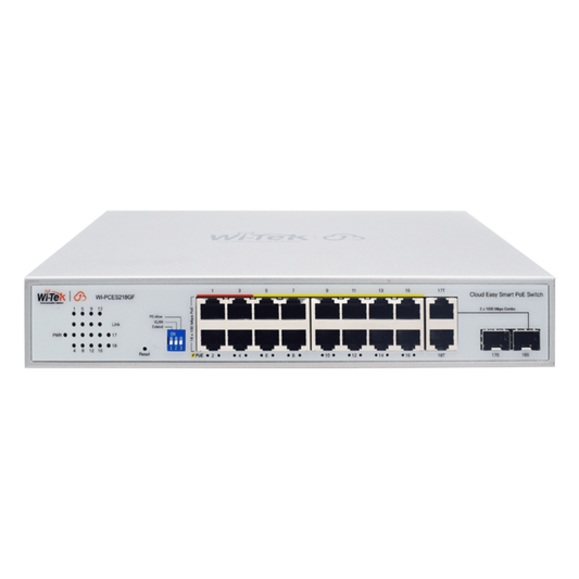 Switch PoE / Administración en la nube / Con 16 puertos 10/100 Mbps PoE af/at (Puertos 1-4: bt 90W) / 2 Puertos Uplink 10/100/1000 Mbps / 1 Puerto SFP Gigabit / Presupuesto 250 W / PoE hasta 250 metros / Soporta protocolo ONVIF