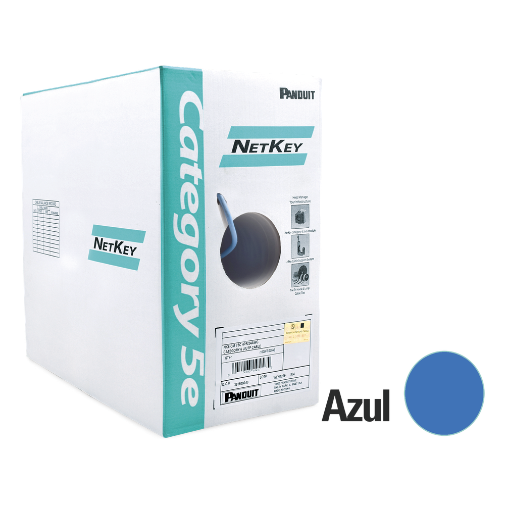 Bobina de Cable UTP de 305 Metros (1000 Pies) de Cobre, NetKey, Azul, Categoría 5e (24 AWG), Riser (CMR), de 4 Pares