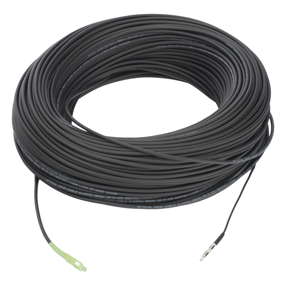 Rollo de Fibra Óptica Drop Redonda G657A2 Monomodo Simplex de 150 Metros (492.13 Pies) con Conectores SC/APC-SC/APC para Instalaciones Aéreas, Subterráneas o a la Intemperie