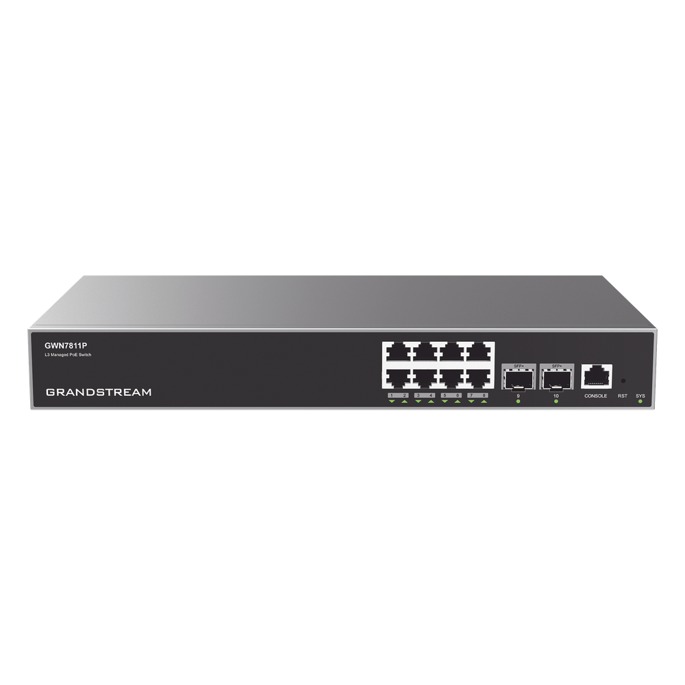 Switch Capa 3 PoE+ Administrable / 8 puertos 10/100/1000 Mbps + 2 Puertos SFP+ de 10 Gigabits / Hasta 120W / Compatible con GWN Cloud.