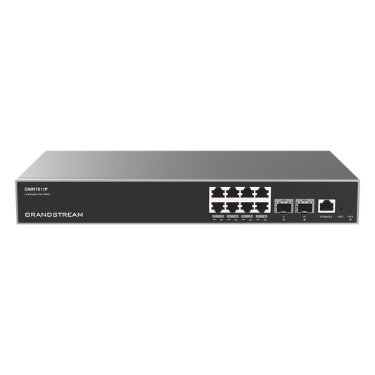 Switch Capa 3 PoE+ Administrable / 8 puertos 10/100/1000 Mbps + 2 Puertos SFP+ de 10 Gigabits / Hasta 120W / Compatible con GWN Cloud.