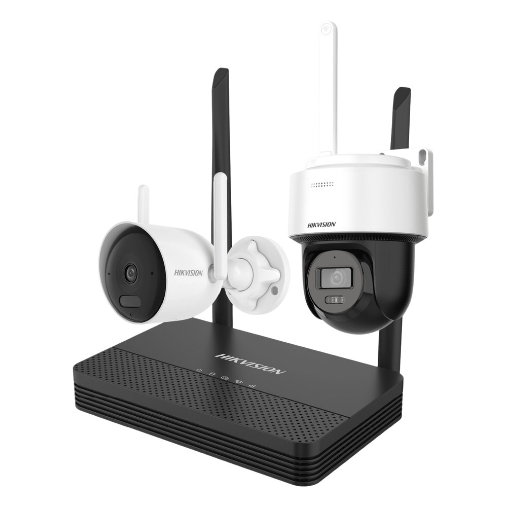 Kit IP Inalámbrico 2 Megapíxel / NVS 4 Canales / 1 Cámara Bala Exterior + 1 Cámara Turret Interior con Lente 2.8 mm y Dual Light / Audio Bidireccional (Micrófono y Bocina) / Soporta Micro SD de 512 GB
