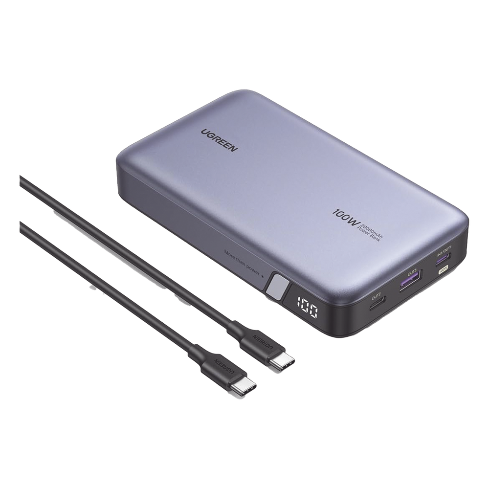 Power Bank de 20000mAh | 3 Salidas 100W Max. | USB-A + 2 USB-C | PD 3.0 | QC3.0 | FCP | SCP | Pantalla Inteligente | Carcasa Ignifuga | Color Gris | Incluye Cable USB de 50cm | Carga tu Laptop de Manera Segura.