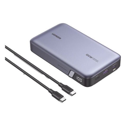 Power Bank de 20000mAh | 3 Salidas 100W Max. | USB-A + 2 USB-C | PD 3.0 | QC3.0 | FCP | SCP | Pantalla Inteligente | Carcasa Ignifuga | Color Gris | Incluye Cable USB de 50cm | Carga tu Laptop de Manera Segura.