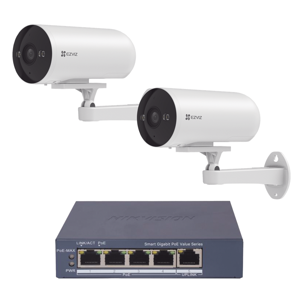 Kit de cámaras PoE Para Uso en Exterior / PoE Estandar Af / 2 piezas CS-H5/3MP/ 1 Pieza de Switch DS-3E1505P-EI/M / Vision Nocturna a Color / IP67 / Audio Bidireccional / Luz y Sirena / 4 Puertos 1000 Mbps PoE+ / 1 Puerto 1000 Mbps Uplink