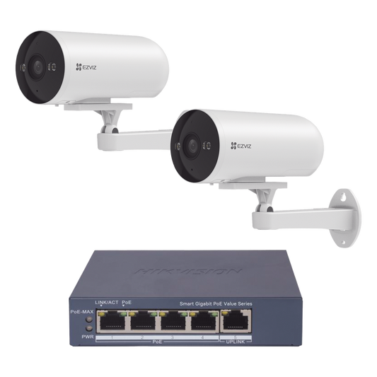 Kit de cámaras PoE Para Uso en Exterior / PoE Estandar Af / 2 piezas CS-H5/3MP/ 1 Pieza de Switch DS-3E1505P-EI/M / Vision Nocturna a Color / IP67 / Audio Bidireccional / Luz y Sirena / 4 Puertos 1000 Mbps PoE+ / 1 Puerto 1000 Mbps Uplink