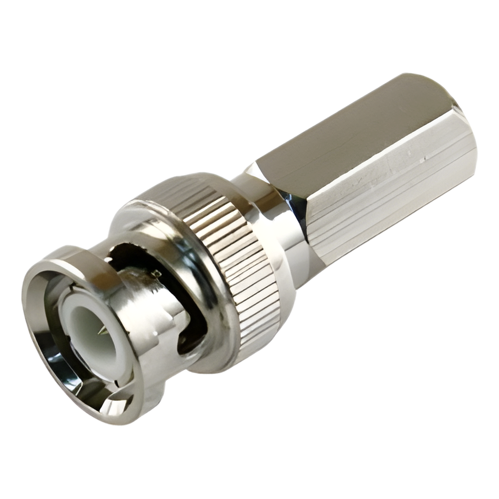 Conector BNC Macho de Ensamble Roscable (Hex.) en Sentido de las Manecillas de Reloj para Cable Coaxial RG-59/U, Níquel/ Oro/ Delrin.