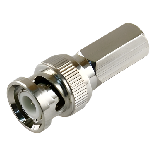 Conector BNC Macho de Ensamble Roscable (Hex.) en Sentido de las Manecillas de Reloj para Cable Coaxial RG-59/U, Níquel/ Oro/ Delrin.