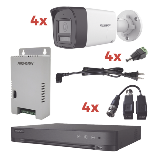 Kit Audio Bidireccional TurboHD 1080p / DVR 4 Canales / 4 Cámaras Bala (Exterior) con Bocina y Microfóno Integrado / 1 Fuente de Poder / Accesorios