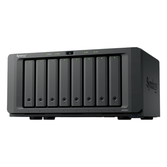 NAS DiskStation DS1825+ | 8 Bahías | AMD Ryzen V1500B | 8 GB DDR4 ECC | Hasta 2,239 MB/s Lectura | 2 Puertos 2.5GbE | Expansión PCIe 3.0 | Compatible con 10GbE y 25GbE | Caché SSD M.2 | Synology DSM.