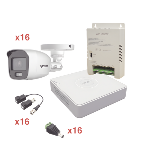 Kit TurboHD 1080p Lite / DVR 16 Canales / 16 Cámaras Bala Exterior ( 2.8mm) con ColorVu + Micrófono Integado / Transceptores / Conectores / Fuente de Poder Profesional