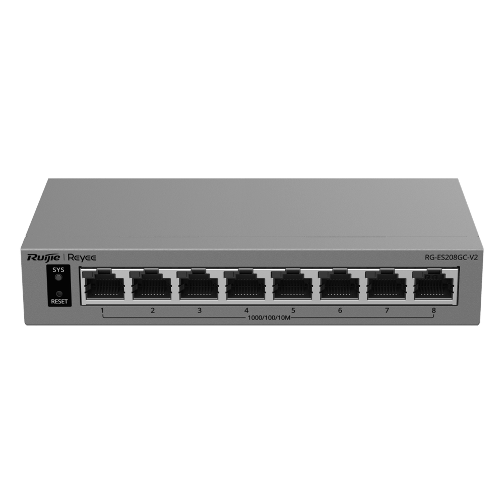 Switch Gigabit Smart Cloud-Managed / 8 Puertos 10/100/1000BASE-T / Capa 2 / Switching 16 Gbps / AI-Powered Failover / Modo CCTV Un-Click / Gestión Cloud Ruijie & App Reyee / Diseño Fanless / Gabinete Metal / Protección Surge 6 kV