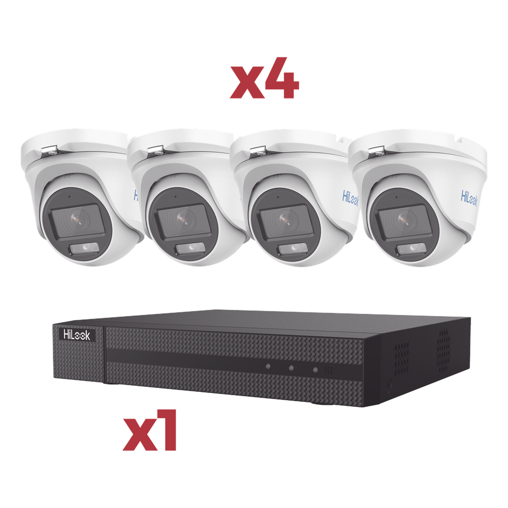 [Kit] DVR 4 Canales TurboHD + 1 Canal IP / 2 Megapixel (1080pLite) / AcuSense Lite / Audio por coaxitron / 1 Bahia de disco duro / 4 Cámaras Metalicas / 2 Megapixel tipo turret / ColorVu Lite + Microfono Integrado