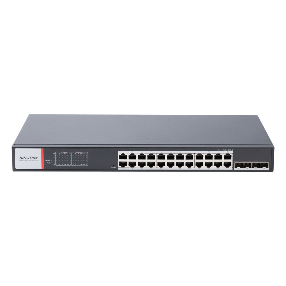 Switch Gigabit PoE+ / Industrial / Administrable / 24 Puertos 1000 Mbps PoE+ / 4 Puertos SFP / Configuración Nube Hik-PartnerPro / Modo Extendido hasta 300 Metros / 370 W