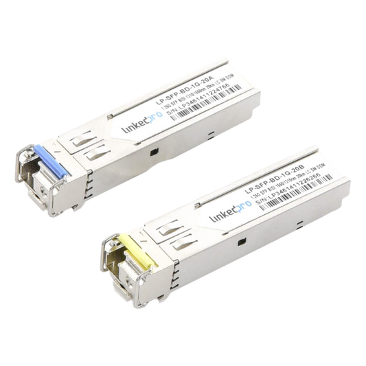 Transceptores Ópticos Bidireccionales SFP (Mini-Gbic) / Monomodo 1310 & 1550 nm / 1.25 Gbps / 1000BASE-BX / Conector LC/UPC Simplex / DDM / Hasta 20 km / 2 Piezas