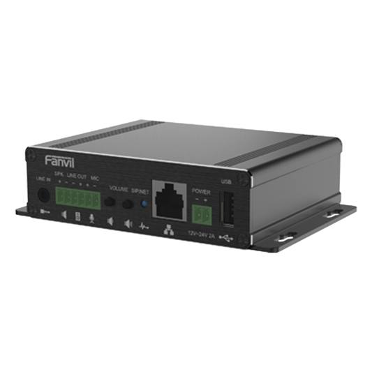 Gateway para Voceo IP/SIP,  Entrada de audio (3.5mm), salida de amplificador integrado de hasta 30W, puerto USB (reproducción de MP3),