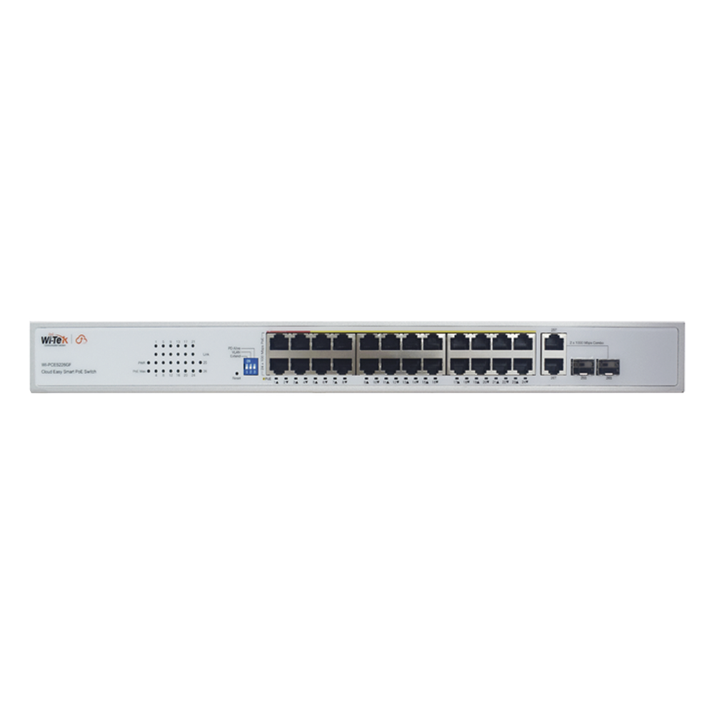 Switch PoE (802.3af/at/bt) / No administrable de largo alcance / Hasta 250m / Con 24 x 10/100Mbps + 2 x SFP Gigabit Combo / 280 W