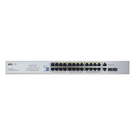 Switch PoE (802.3af/at/bt) / No administrable de largo alcance / Hasta 250m / Con 24 x 10/100Mbps + 2 x SFP Gigabit Combo / 280 W