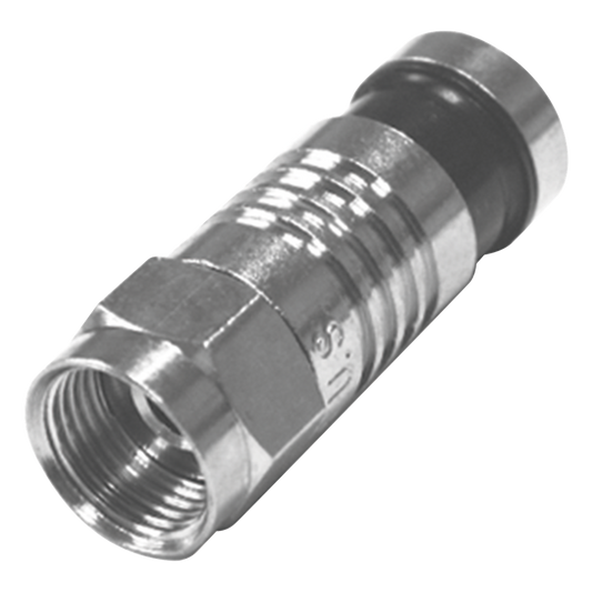 Conector F Macho Plegado Axial por Compresión para RG-59/U, Cuerpo en Níquel y Banda Negra.