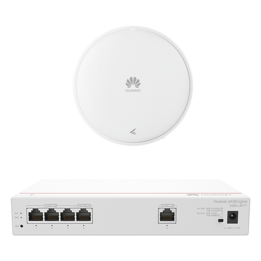 Kit DEMO de Router Multi-Servicio / 1 puerto 10/100/1000 Mbps(WAN) / 4 puertos 10/100/1000 Mbps(LAN) PoE / 50W + Punto de Acceso Wi-Fi 7 / 3.5 Gbps / MU-MIMO 2x2 (2.4GH y 5GHz) / Smart Antenna más cobertura / Instalación en techo y pared