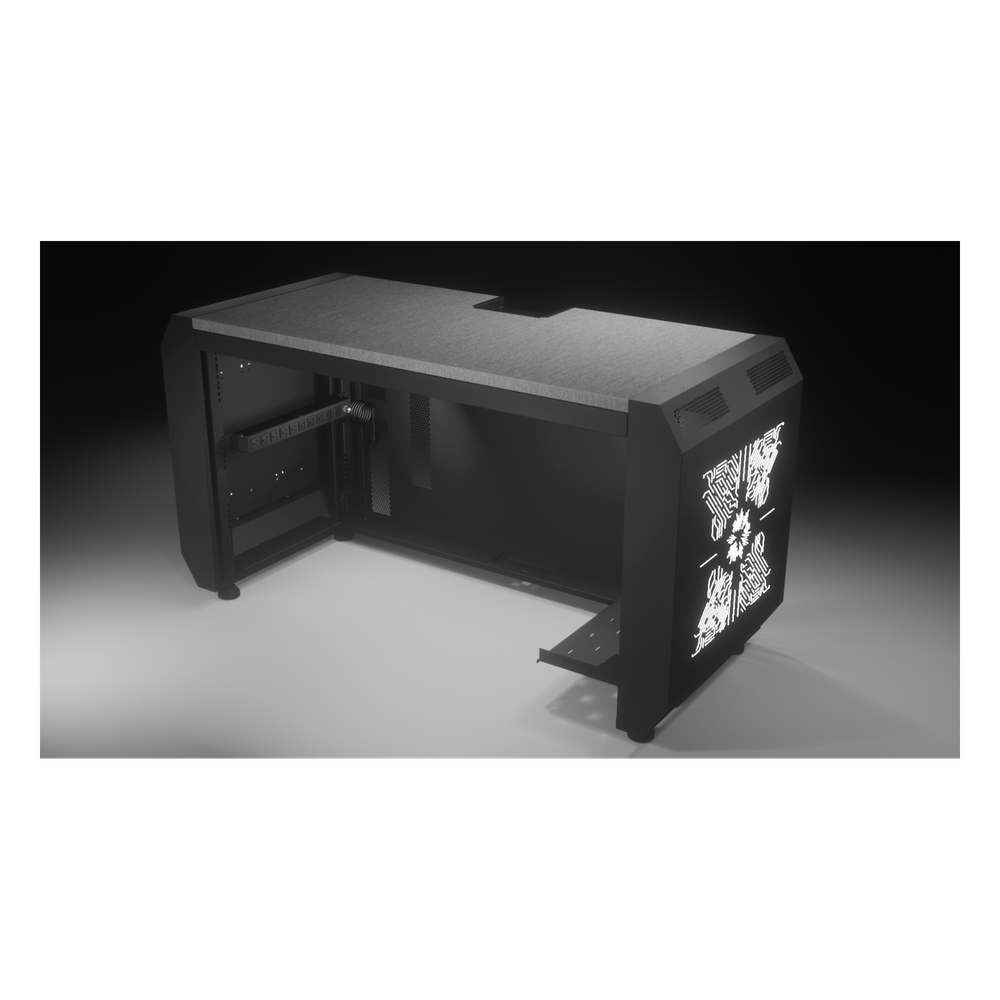 Consola Profesional para Monitoreo o Computo | Ranura para Base de Monitores | Microperforaciones | Luces LED Decorativas | Tomacorriente HTCM1U10C | Tapas Organizadoras de Cables | Niveladores | Rack para Montaje de Equipos | Ranura Pasaca