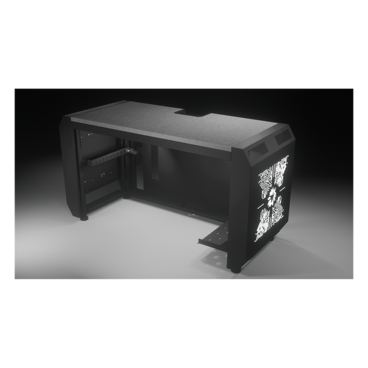 Consola Profesional para Monitoreo o Computo | Ranura para Base de Monitores | Microperforaciones | Luces LED Decorativas | Tomacorriente HTCM1U10C | Tapas Organizadoras de Cables | Niveladores | Rack para Montaje de Equipos | Ranura Pasaca