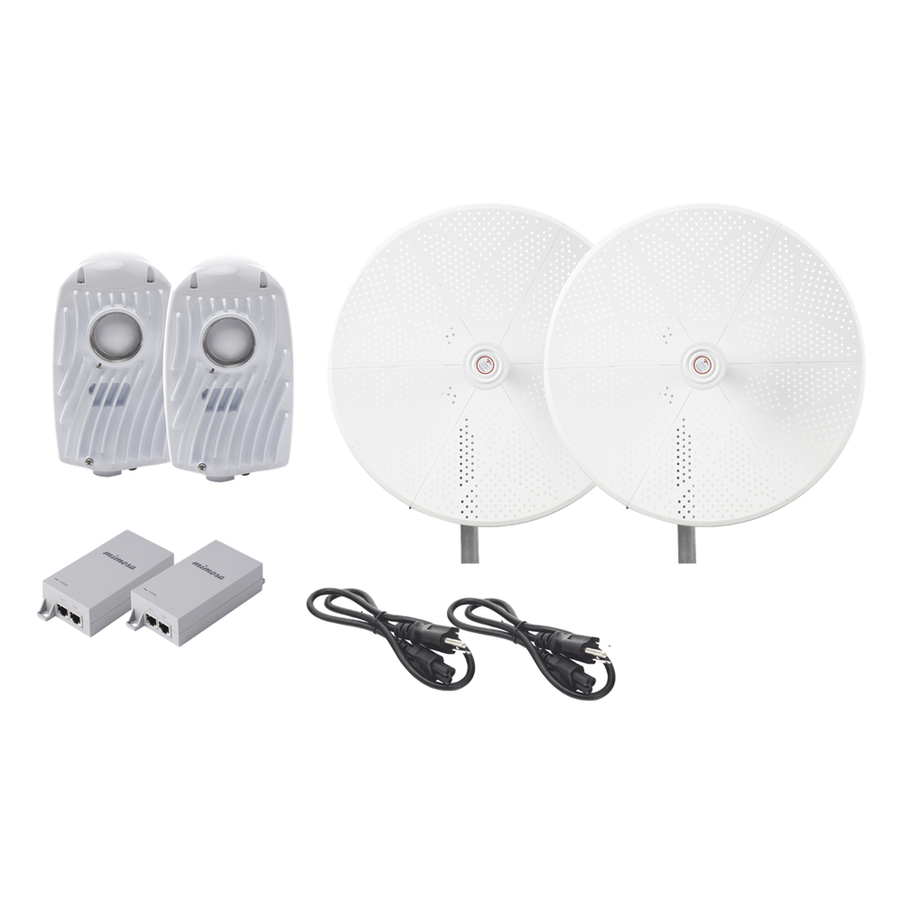 Kit de 2 radios B5X con antenasTXPD34B5X de (34 dBi), rango de frecuencia extendida (4.9 a 6.4 GHz),  incluye inyector POE, cable de alimentación y  para alineación, distancia de hasta 40 km